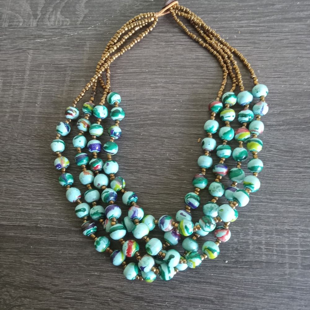 Blue and Brown Layered Necklace with Multi-Strand Design
